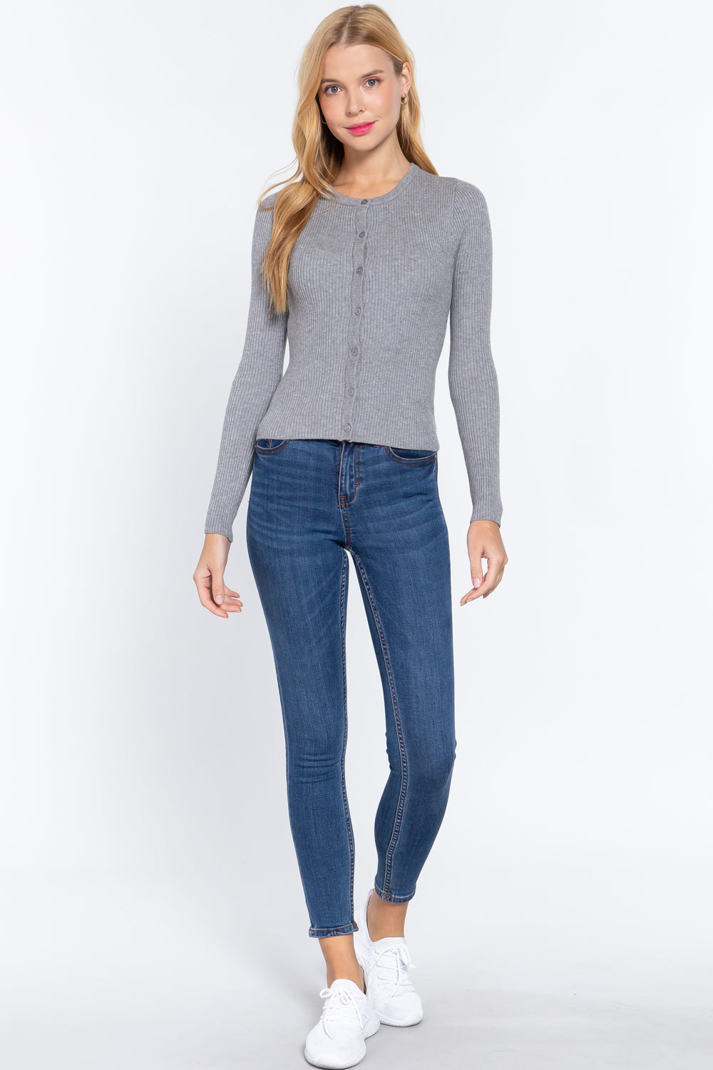 Women's Long Sleeve Crew Neck Basic Cardigan Viscose Soft Knit Button Sweater