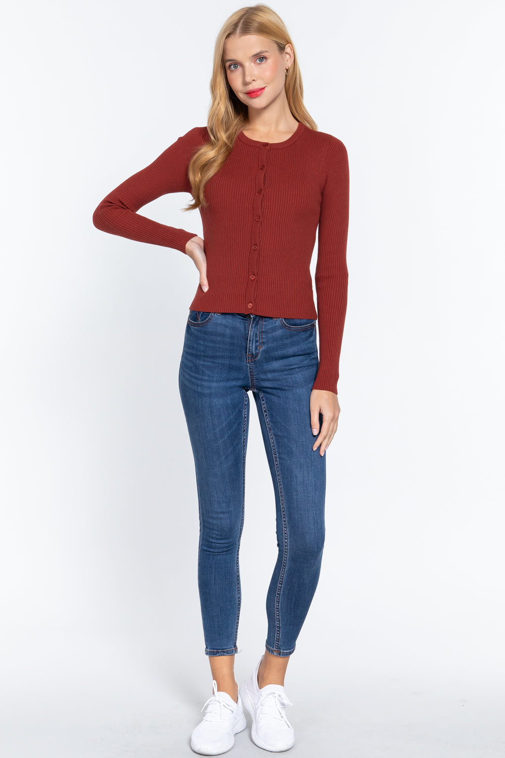 Women's Long Sleeve Crew Neck Basic Cardigan Viscose Soft Knit Button Sweater