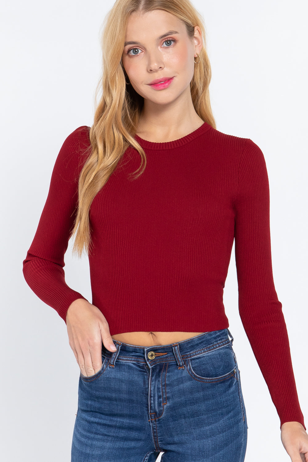Women's Long Sleeve Open Back Sweater Cropped Rayon Rib Knit Stretchy Fitted