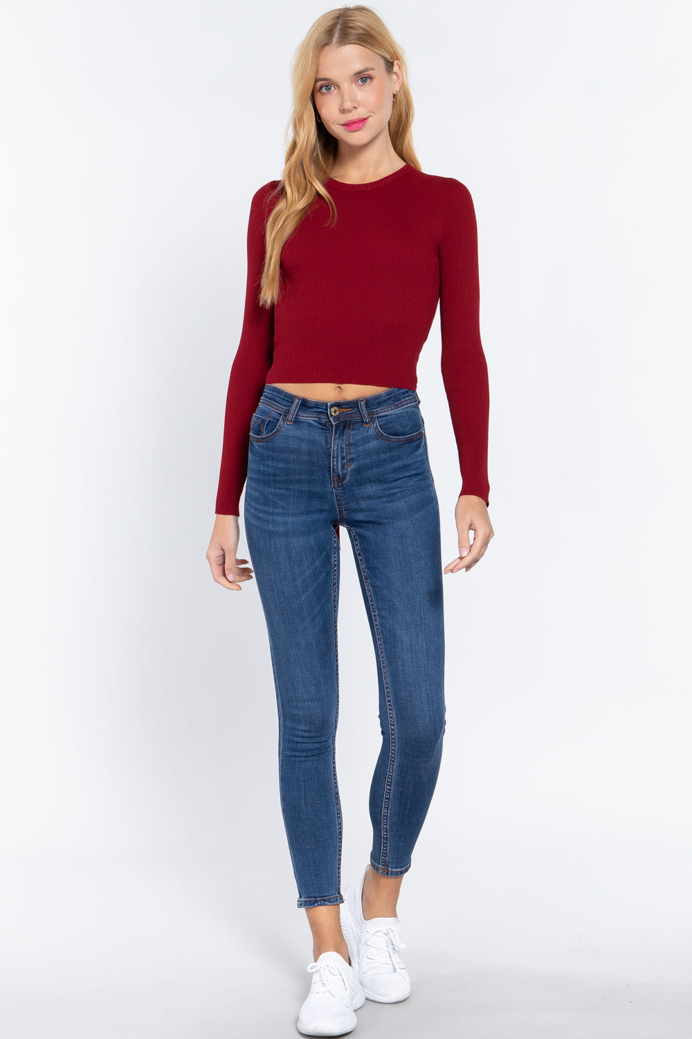 Women's Long Sleeve Open Back Sweater Cropped Rayon Rib Knit Stretchy Fitted