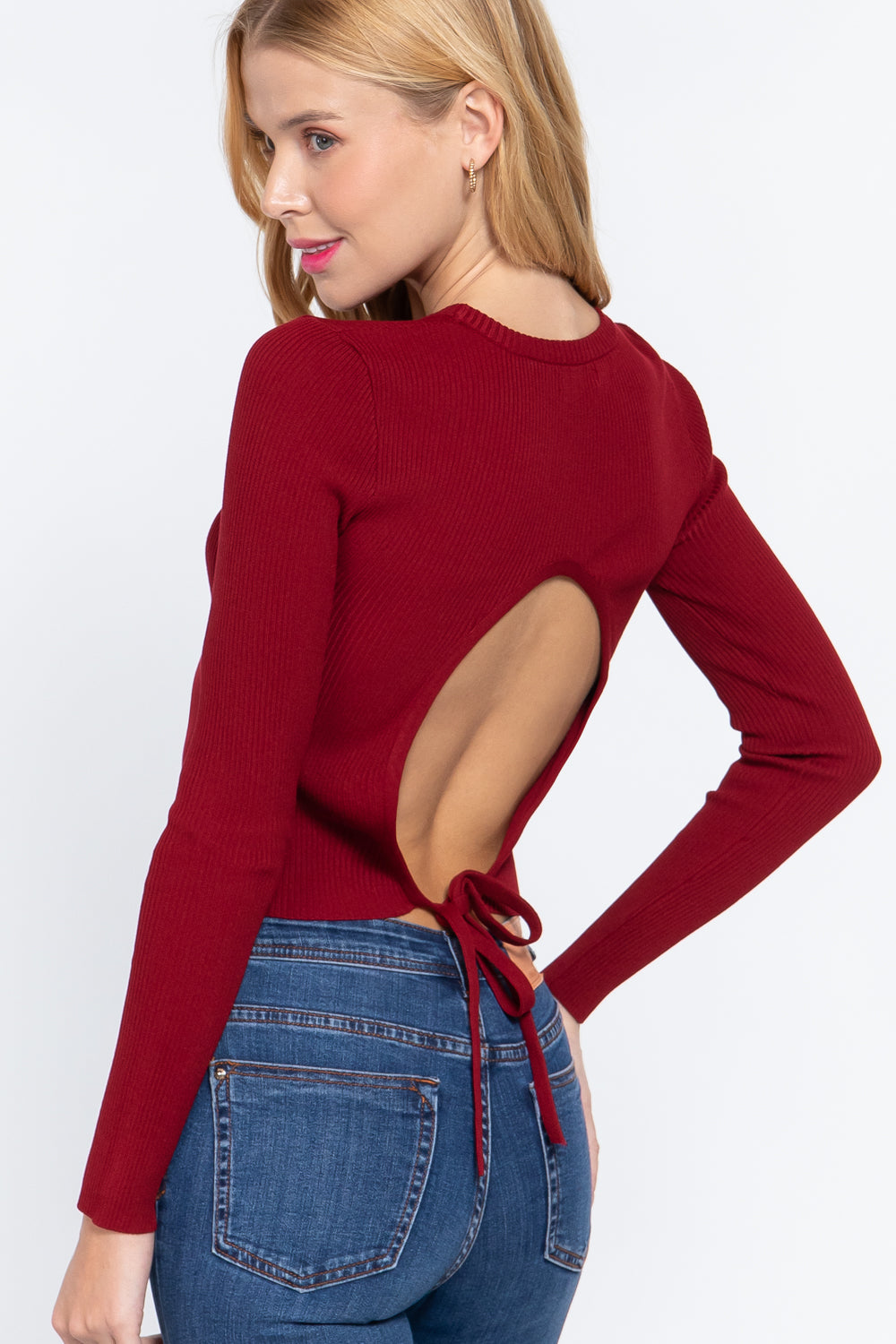 Women's Long Sleeve Open Back Sweater Cropped Rayon Rib Knit Stretchy Fitted