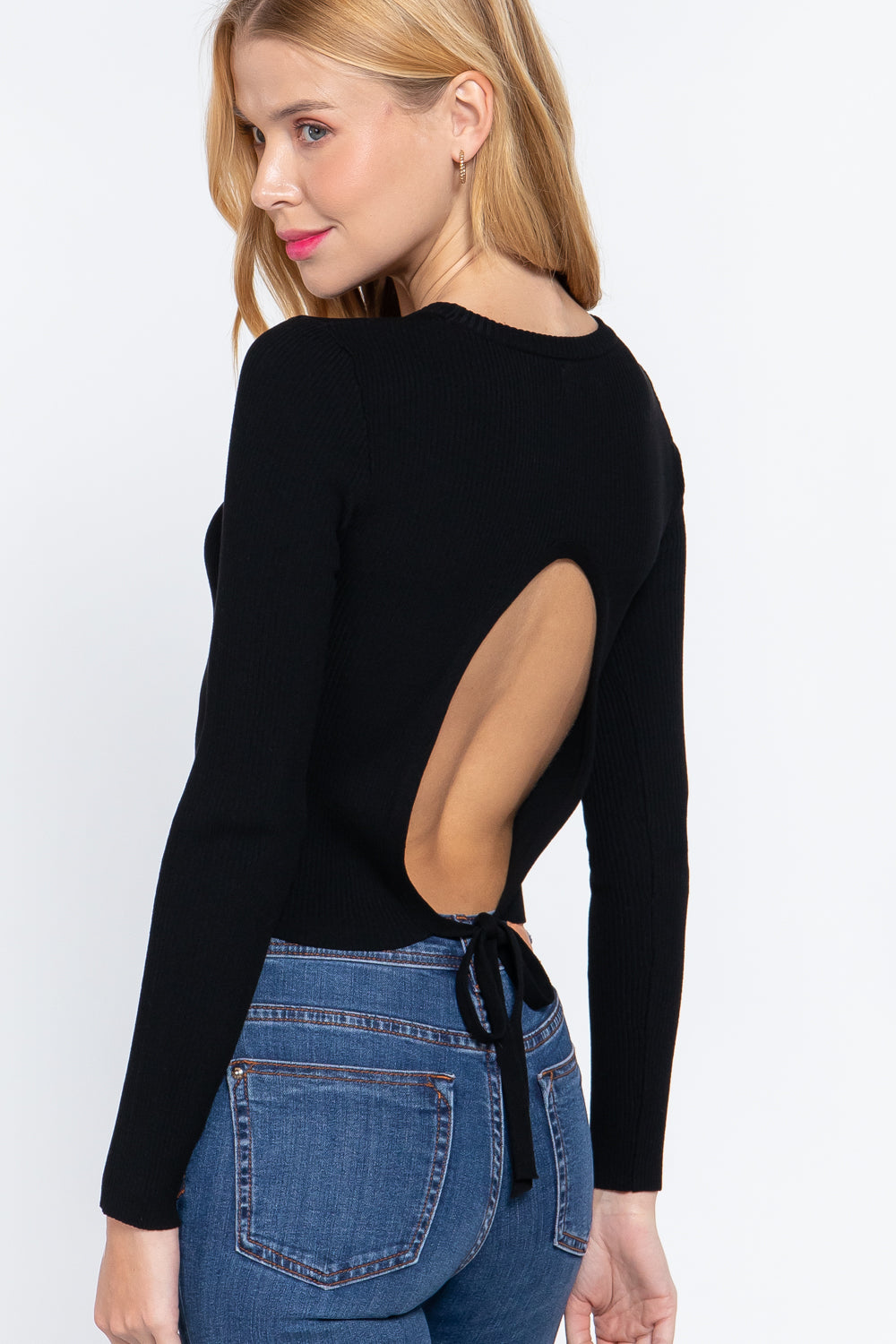 Women's Long Sleeve Open Back Sweater Cropped Rayon Rib Knit Stretchy Fitted