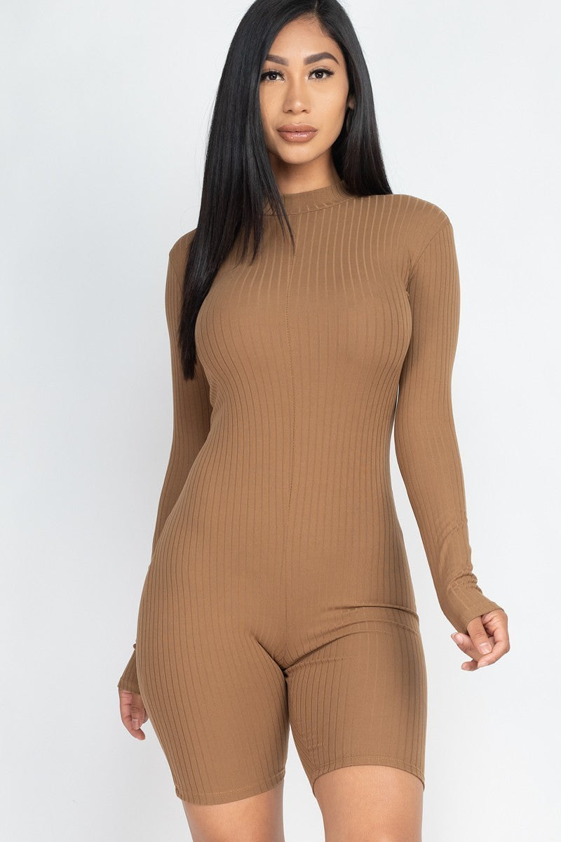 Women Bodycon Mock Neck Ribbed Romper Long Sleeve Back Zipper Jumpsuit Bodysuit