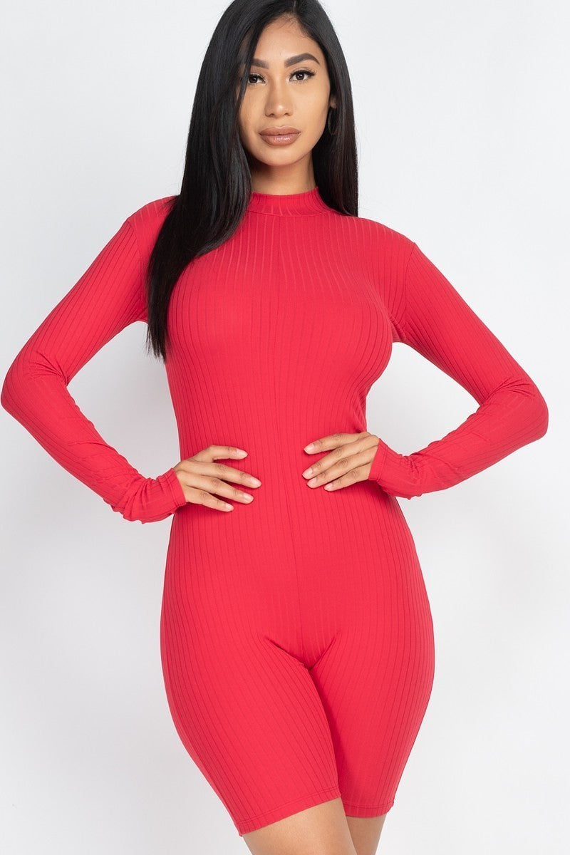Women Bodycon Mock Neck Ribbed Romper Long Sleeve Back Zipper Jumpsuit Bodysuit