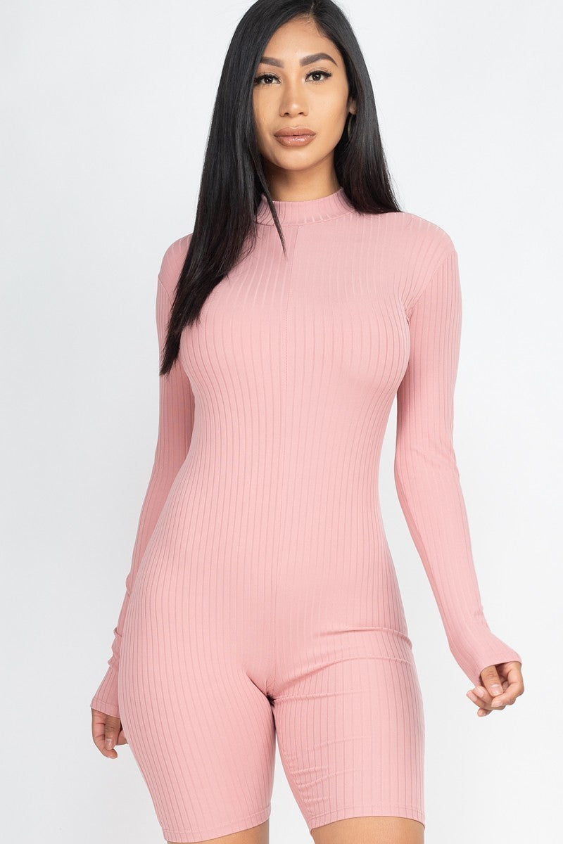 Women Bodycon Mock Neck Ribbed Romper Long Sleeve Back Zipper Jumpsuit Bodysuit