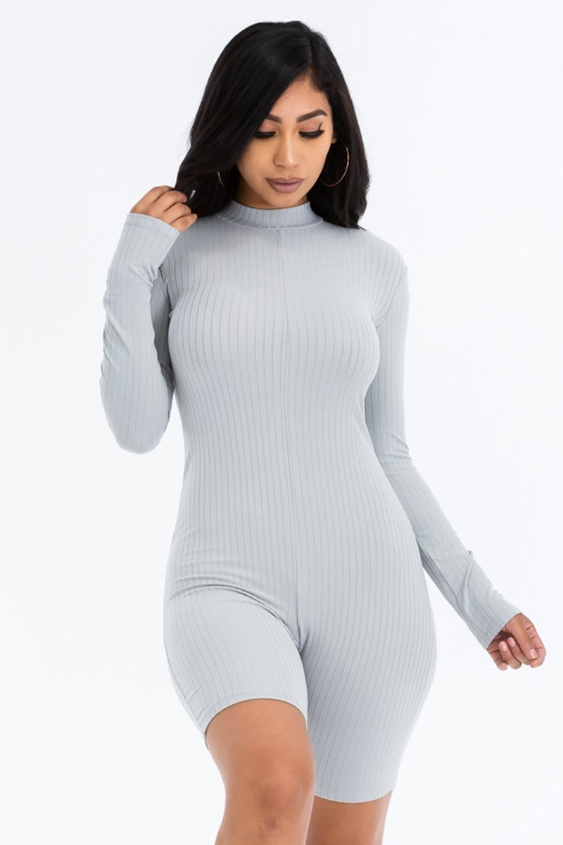 Women Bodycon Mock Neck Ribbed Romper Long Sleeve Back Zipper Jumpsuit Bodysuit