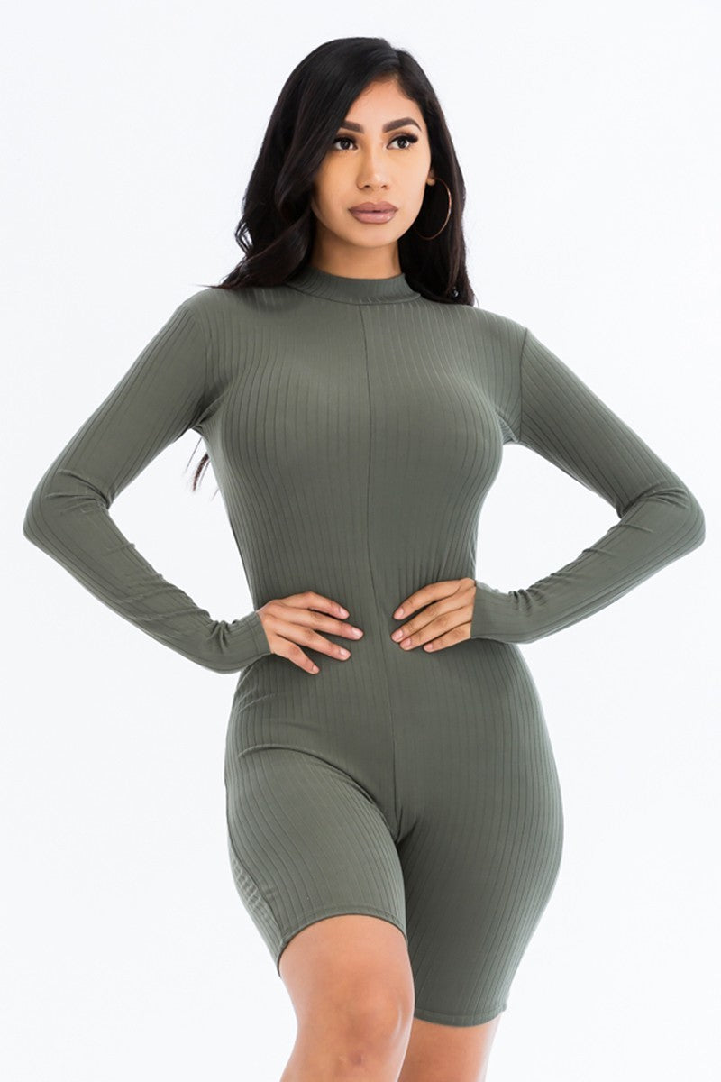 Women Bodycon Mock Neck Ribbed Romper Long Sleeve Back Zipper Jumpsuit Bodysuit