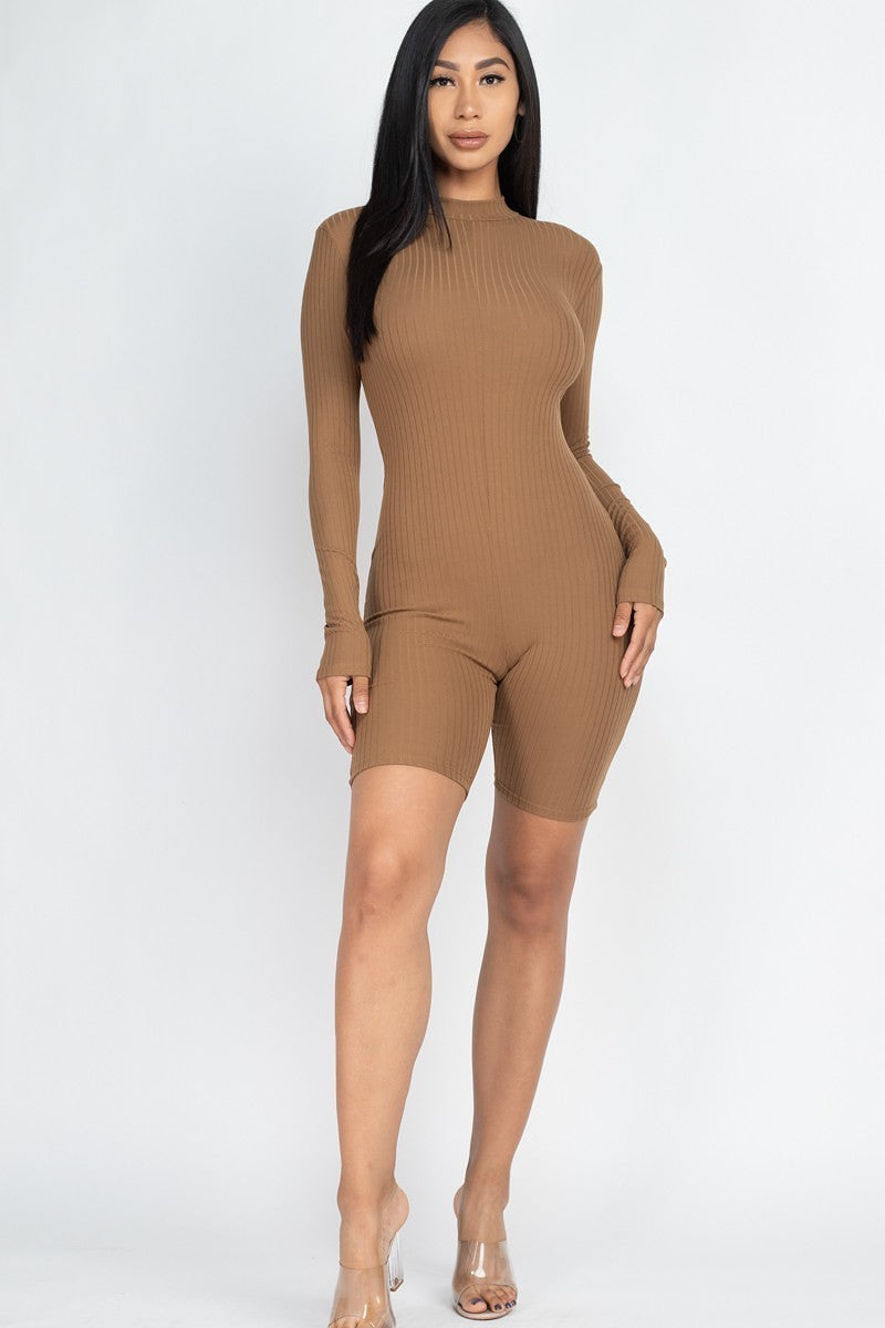 Women Bodycon Mock Neck Ribbed Romper Long Sleeve Back Zipper Jumpsuit Bodysuit