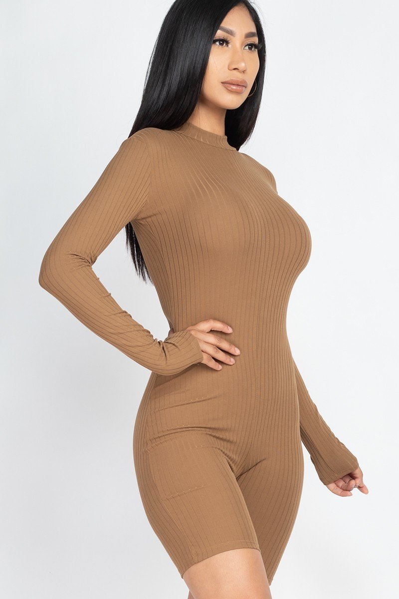 Women Bodycon Mock Neck Ribbed Romper Long Sleeve Back Zipper Jumpsuit Bodysuit