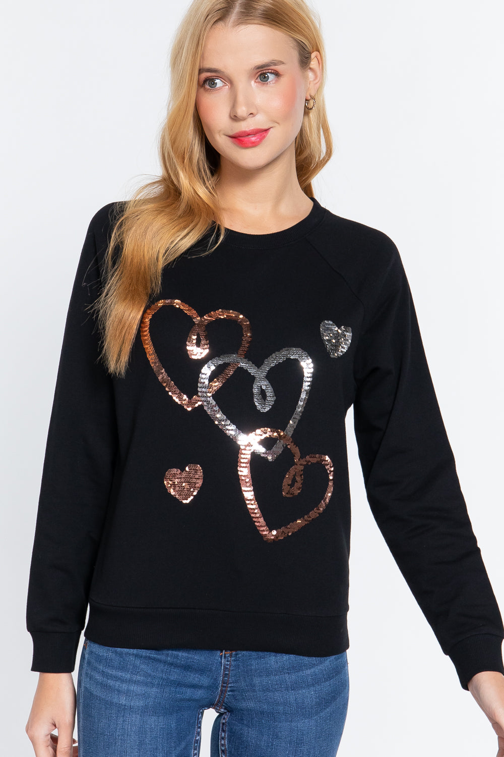 Women Long Sleeve Round Neck Sequins Embroidered French Terry Pullover Top