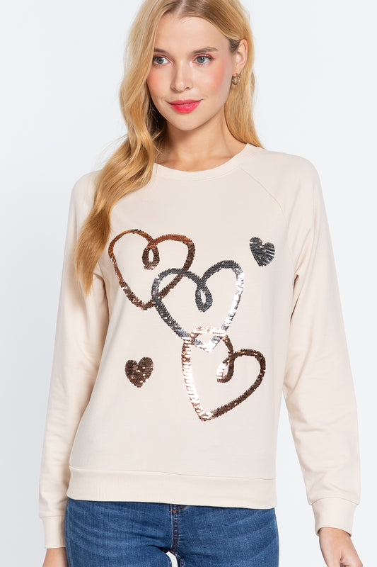 Women Long Sleeve Round Neck Sequins Embroidered French Terry Pullover Top