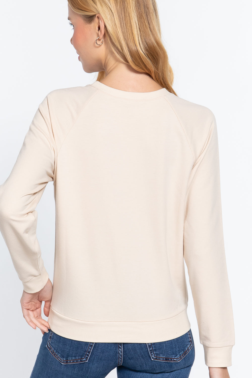Women Long Sleeve Round Neck Sequins Embroidered French Terry Pullover Top