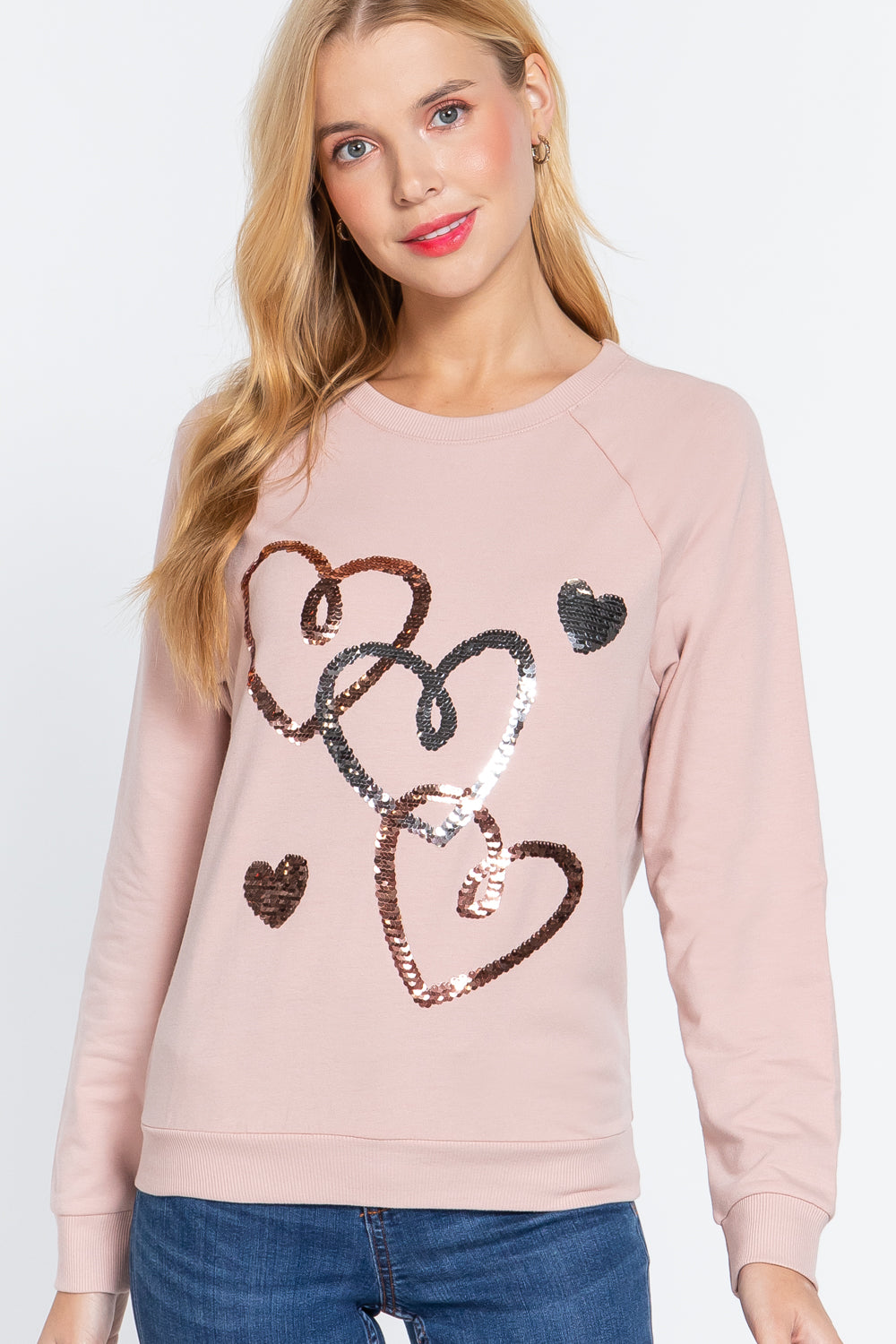 Women Long Sleeve Round Neck Sequins Embroidered French Terry Pullover Top