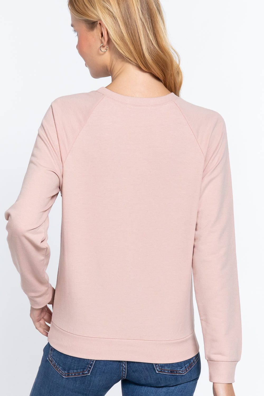 Women Long Sleeve Round Neck Sequins Embroidered French Terry Pullover Top