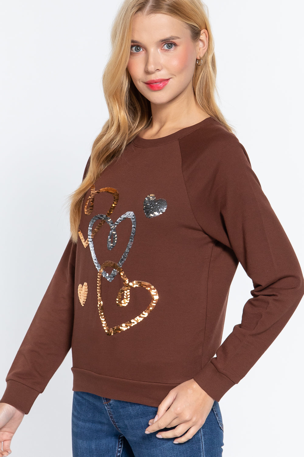 Women Long Sleeve Round Neck Sequins Embroidered French Terry Pullover Top