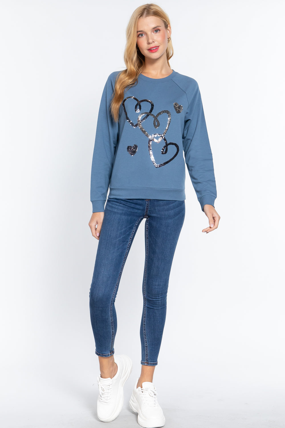 Women Long Sleeve Round Neck Sequins Embroidered French Terry Pullover Top