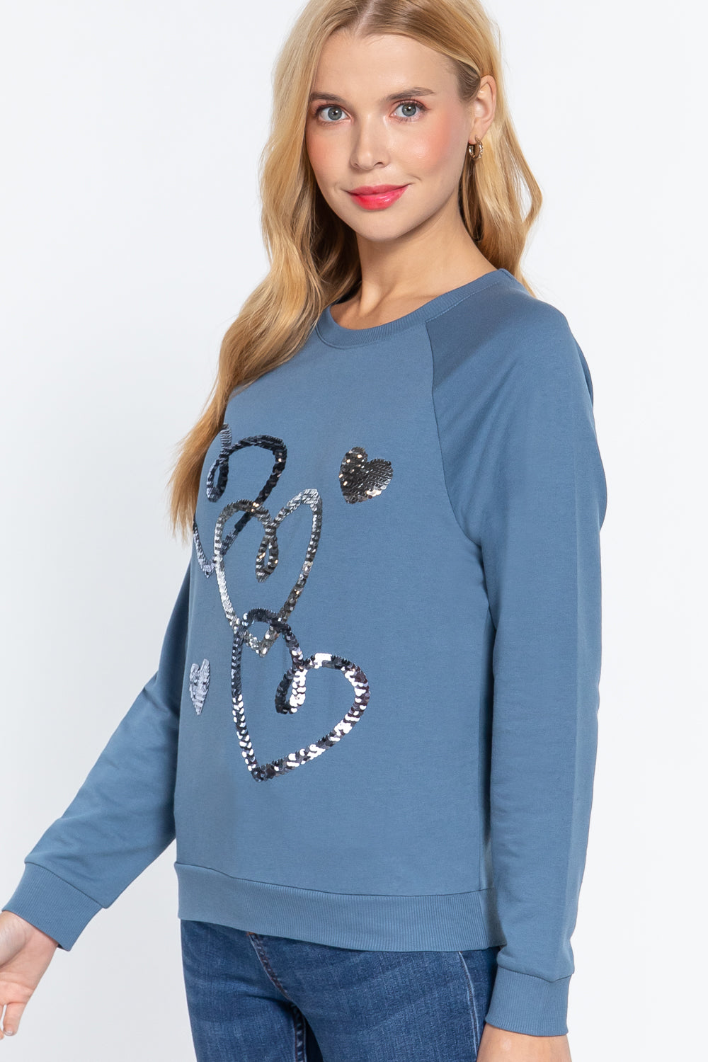 Women Long Sleeve Round Neck Sequins Embroidered French Terry Pullover Top