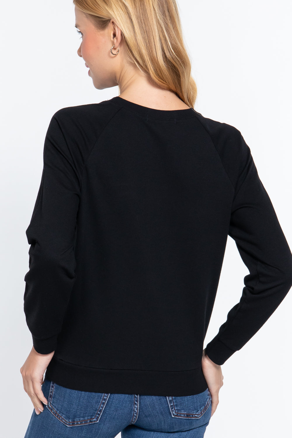 Women Long Sleeve Round Neck Sequins Embroidered French Terry Pullover Top