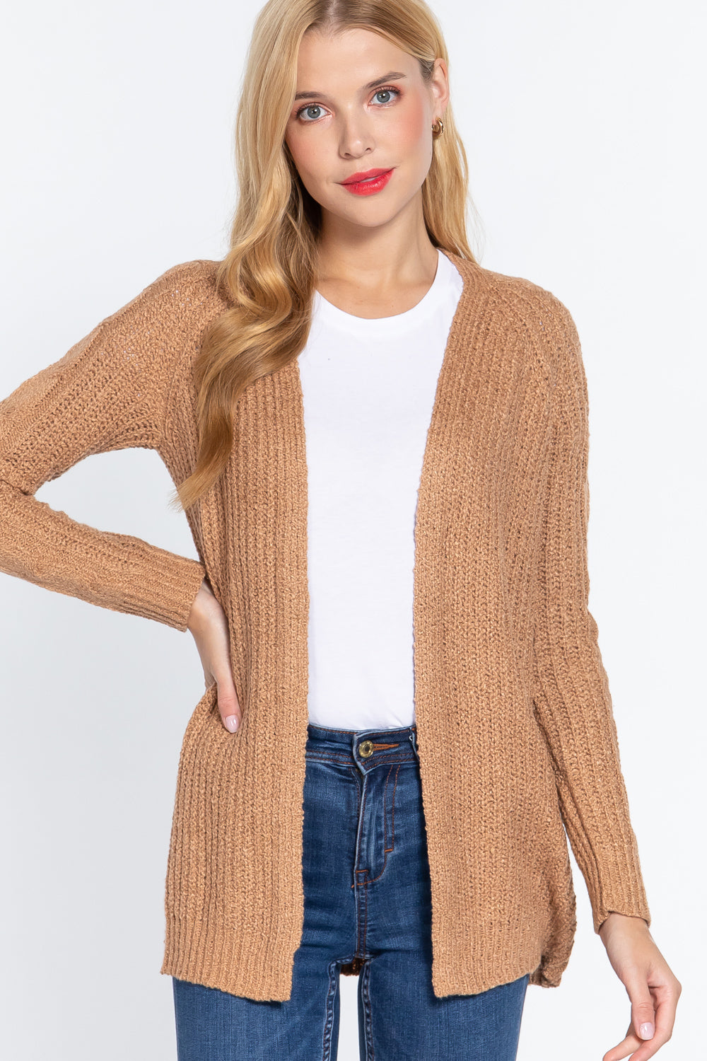 Women's Long Sleeve Open Front Sweater Soft Knit Cotton Long Cardigan