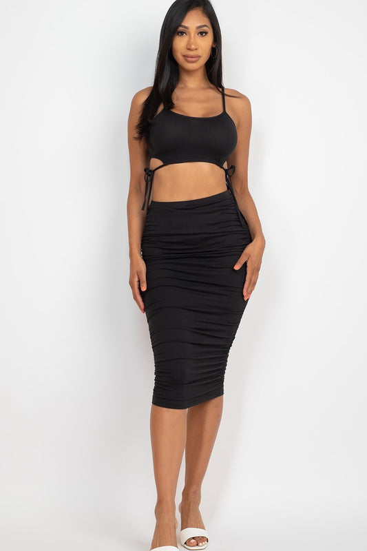 Women's Cut-out Tie Side Cami Crop Top & Ruched Midi Skirt Set Stretch Casual