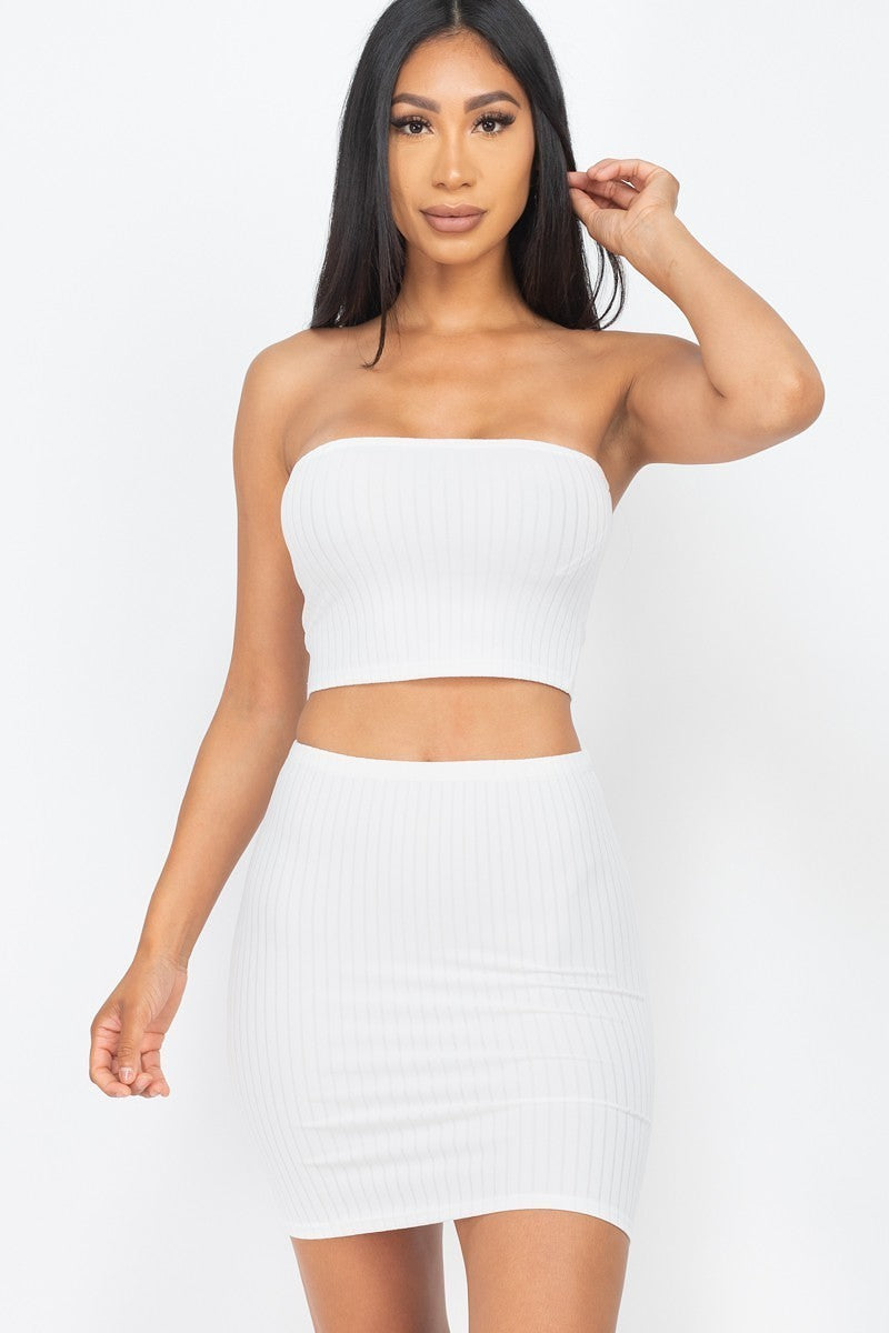 Women's Ribbed Tube Top & Mini Skirt Sets Casual Strapless Sleeveless Stretch