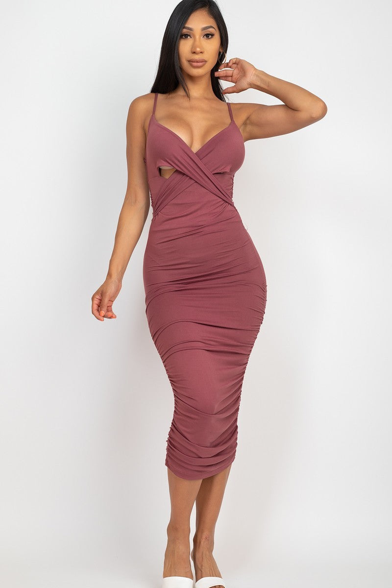 Women V-neck Cross Wrap Ruched Midi Dress Stretch Cut-out Front Sleeveless Tank