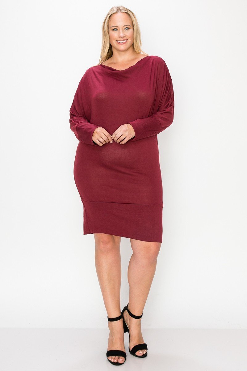 Women Plus Size Draped Neck Long Sleeve Banded Hem Knee Length Dress (1X,2X,3X)