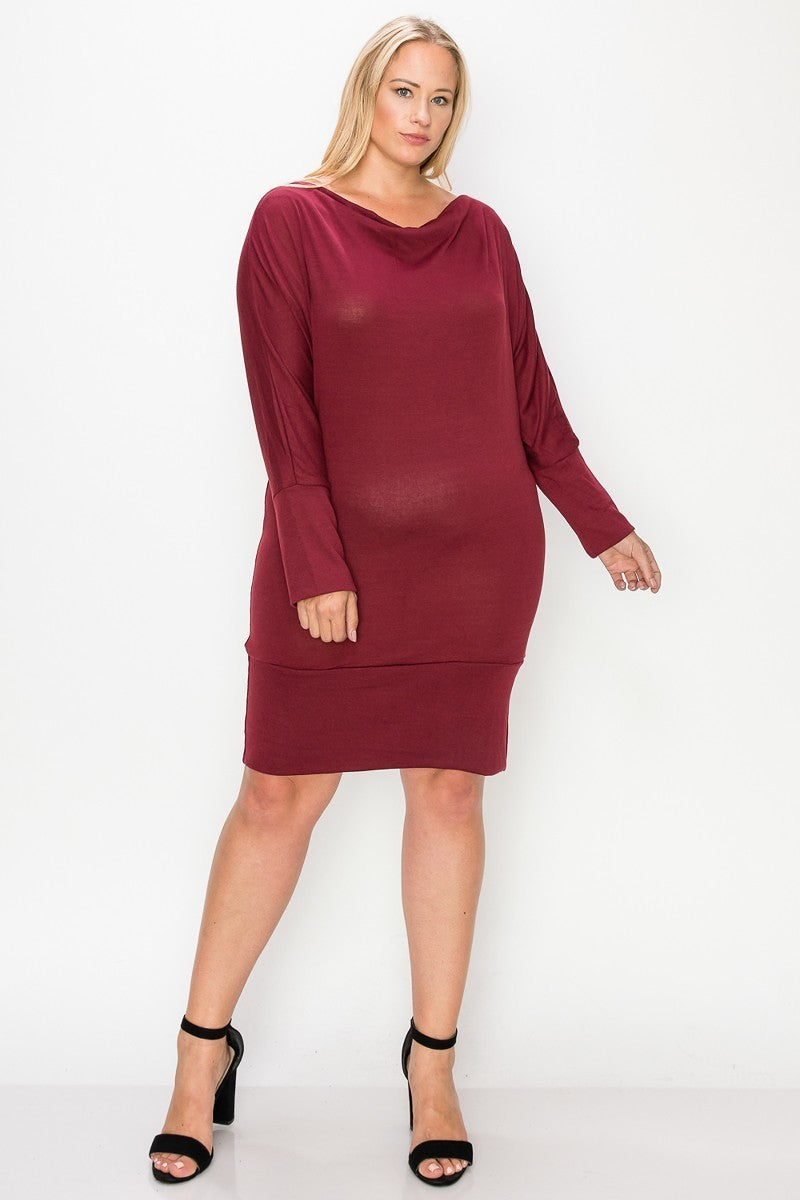 Women Plus Size Draped Neck Long Sleeve Banded Hem Knee Length Dress (1X,2X,3X)