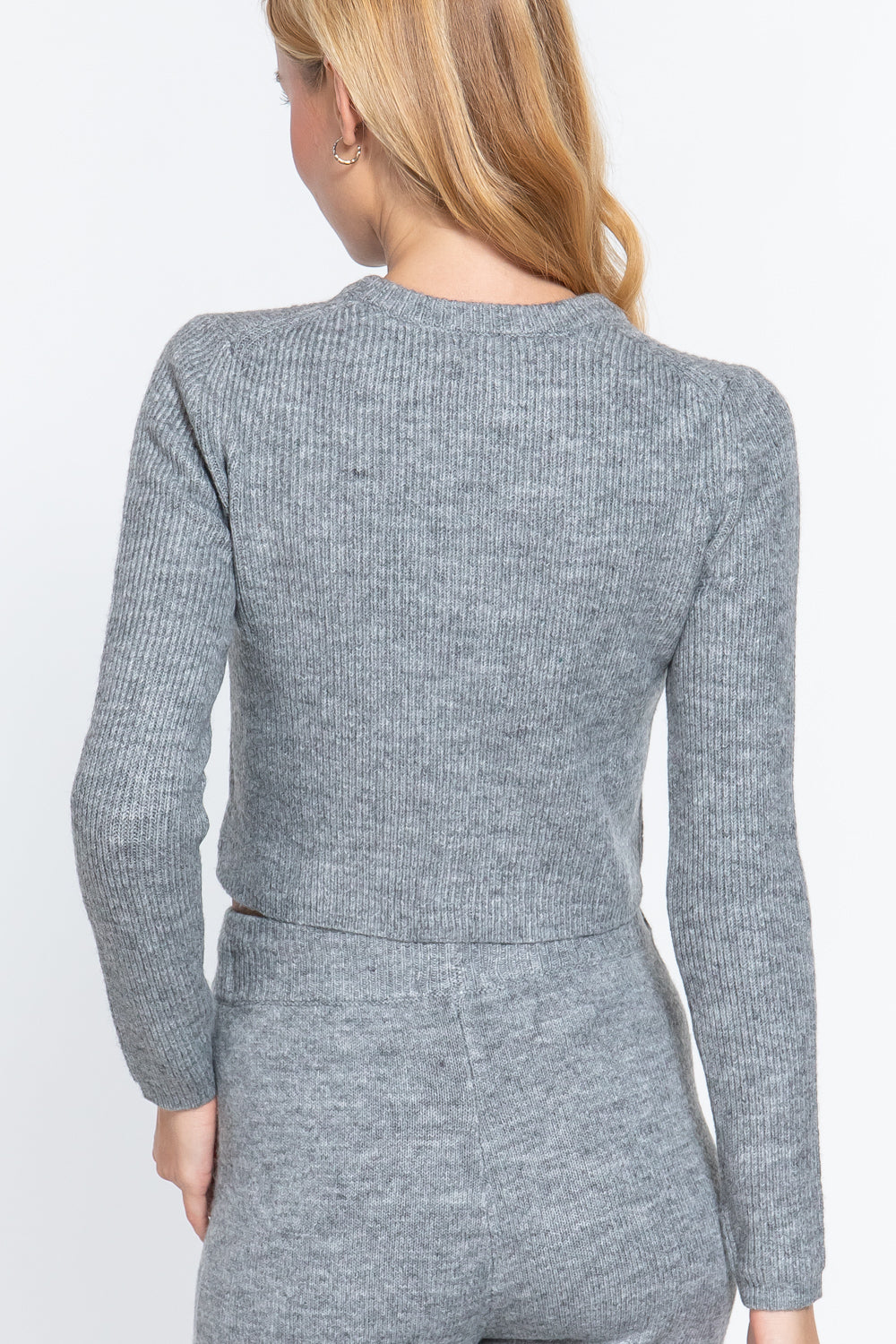 Women's Crew Neck Sweater Cropped Long Sleeve Rib Knit Stretchy