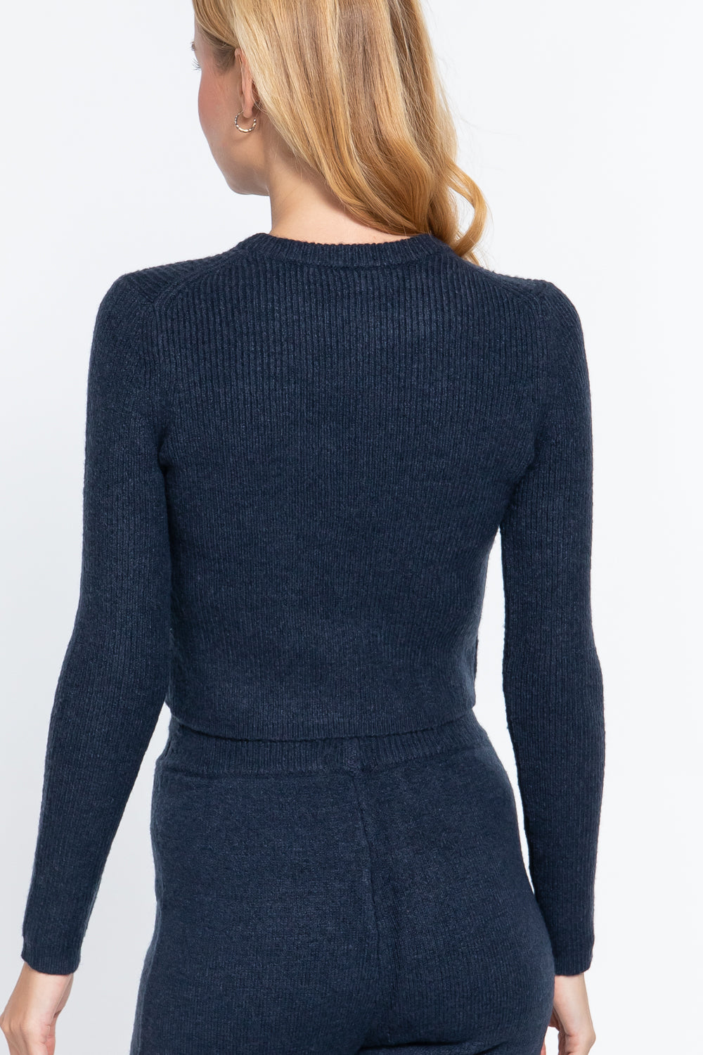 Women's Crew Neck Sweater Cropped Long Sleeve Rib Knit Stretchy