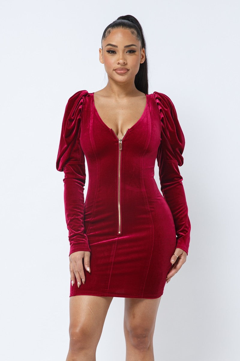 Women's Bodycon V-Neck Mini Dress Soft Velvet Pleated Puff Sleeve Party T-shirt