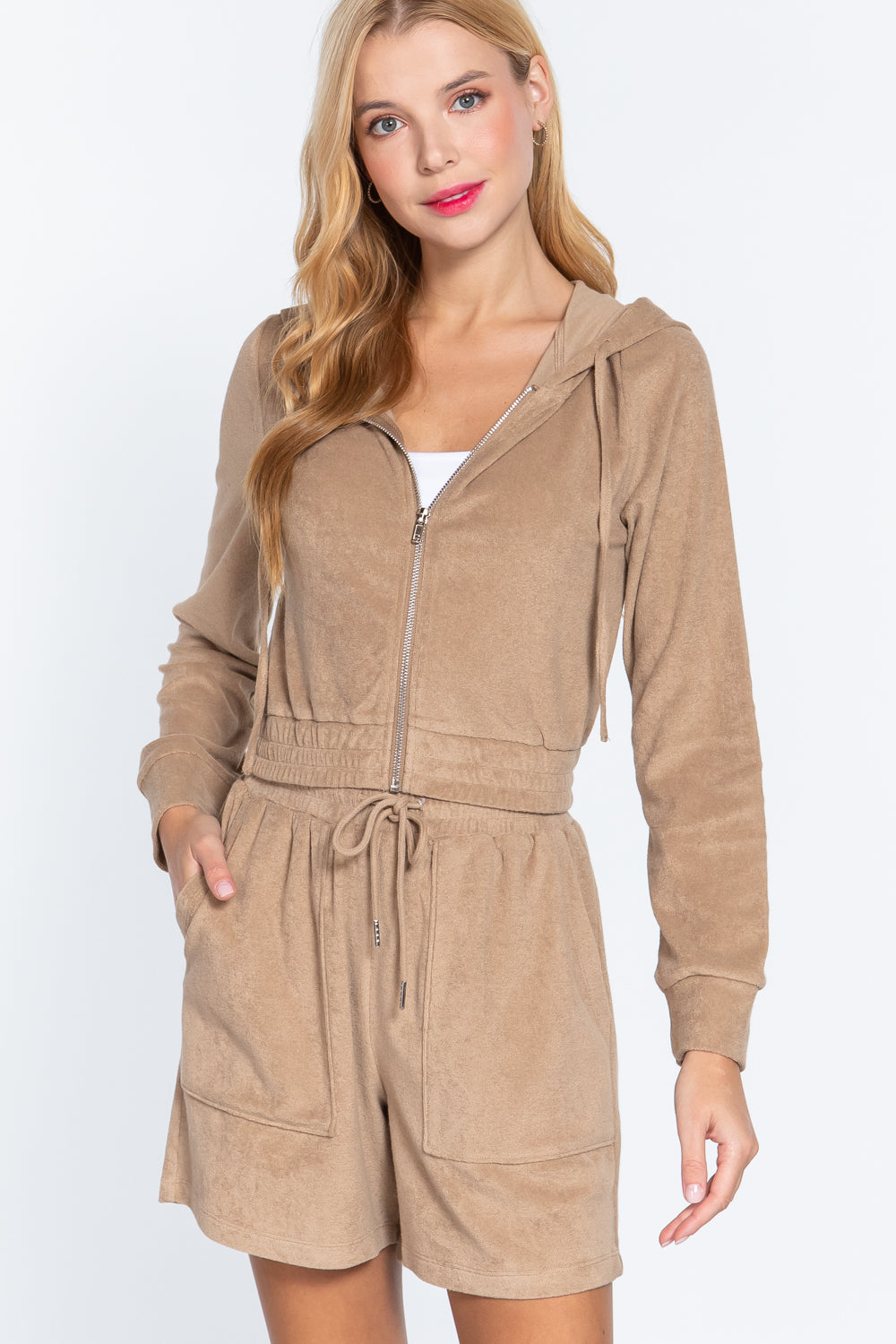 Women's Long Sleeve Hoodie Drawstring Zip-up Cropped Top Terry Towelling Jacket