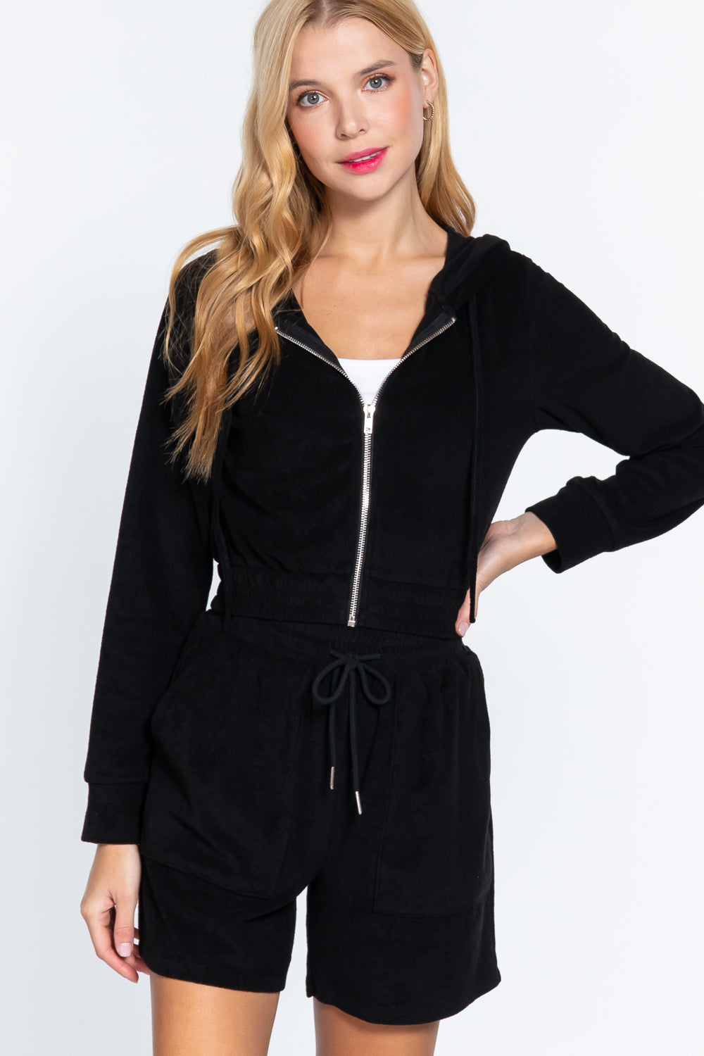 Women's Long Sleeve Hoodie Drawstring Zip-up Cropped Top Terry Towelling Jacket