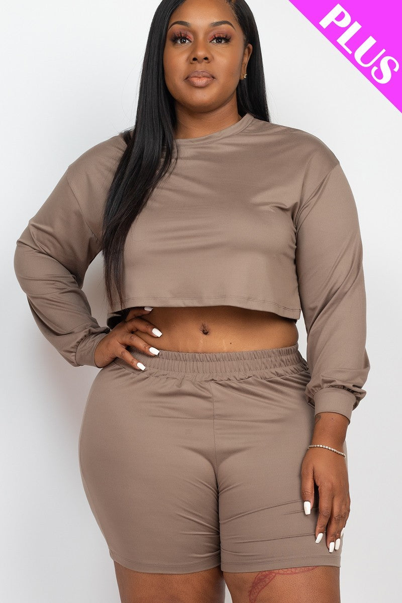 Women Plus Round Neck Long Sleeve Crop Top & Shorts Loungewear Set (1X,2X,3X)