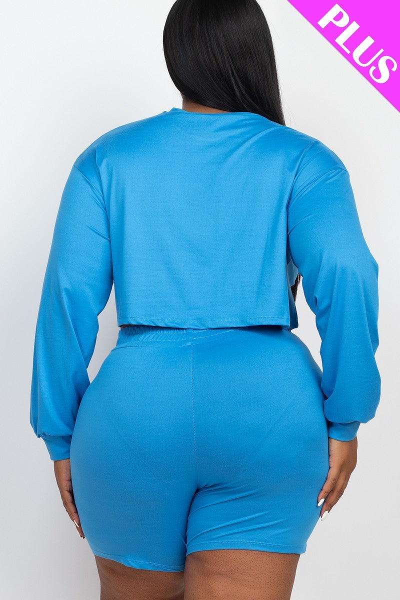 Women Plus Round Neck Long Sleeve Crop Top & Shorts Loungewear Set (1X,2X,3X)