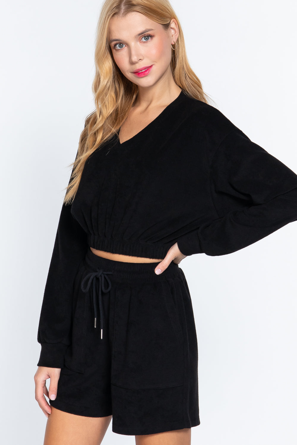 Women's Long Sleeve V-neck T Shirt Elasticized Hem Terry Towelling Knit Top