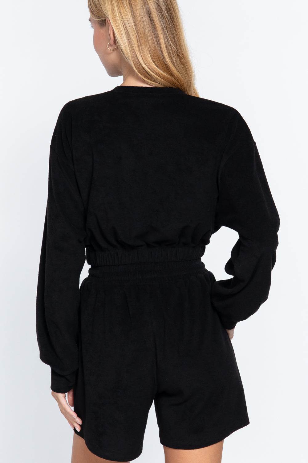 Women's Long Sleeve V-neck T Shirt Elasticized Hem Terry Towelling Knit Top