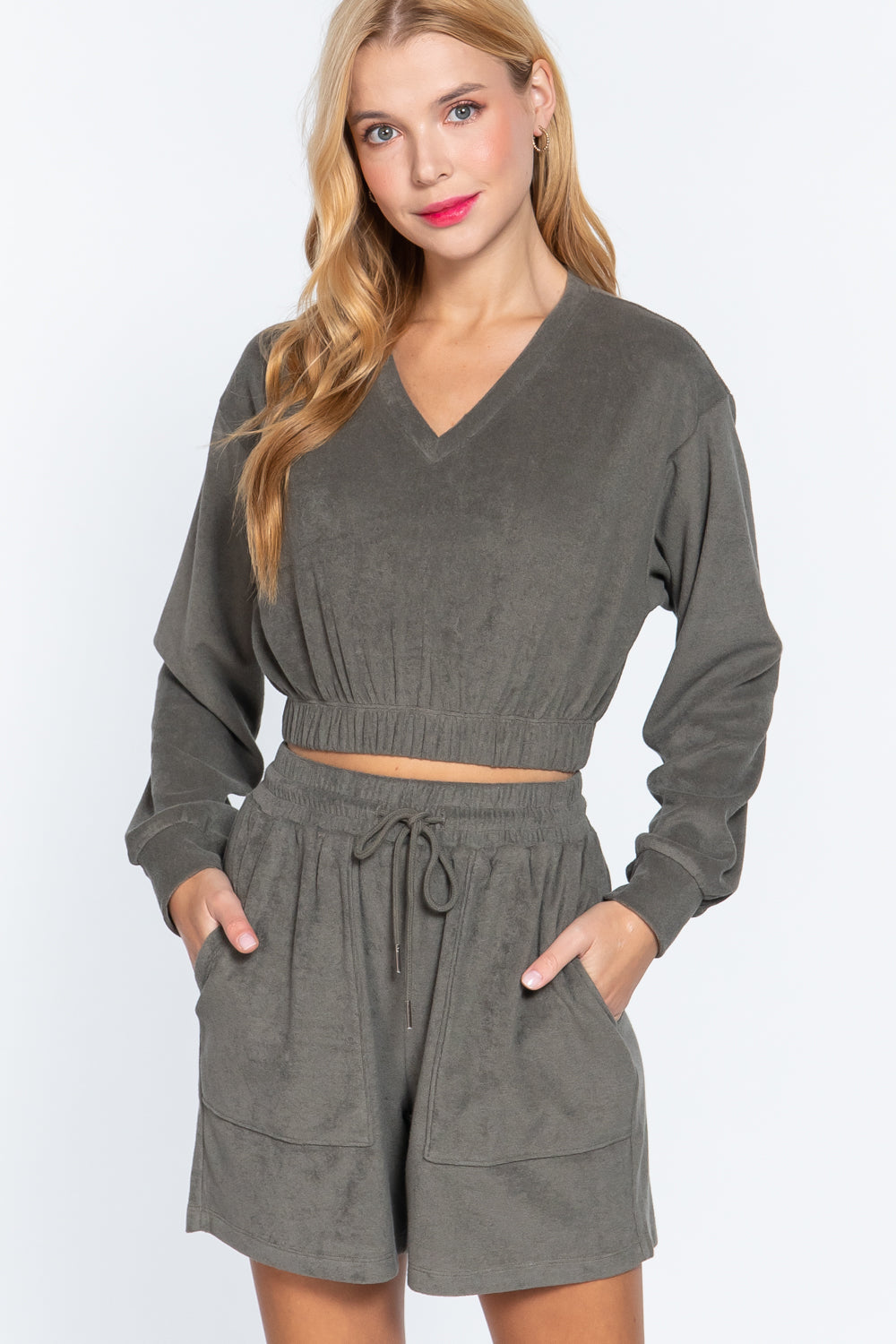 Women's Long Sleeve V-neck T Shirt Elasticized Hem Terry Towelling Knit Top