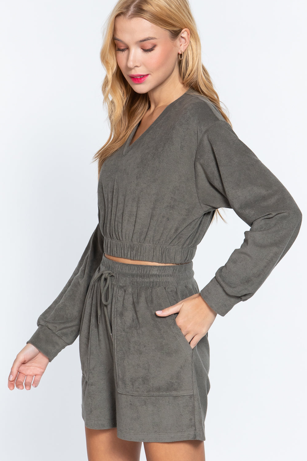 Women's Long Sleeve V-neck T Shirt Elasticized Hem Terry Towelling Knit Top