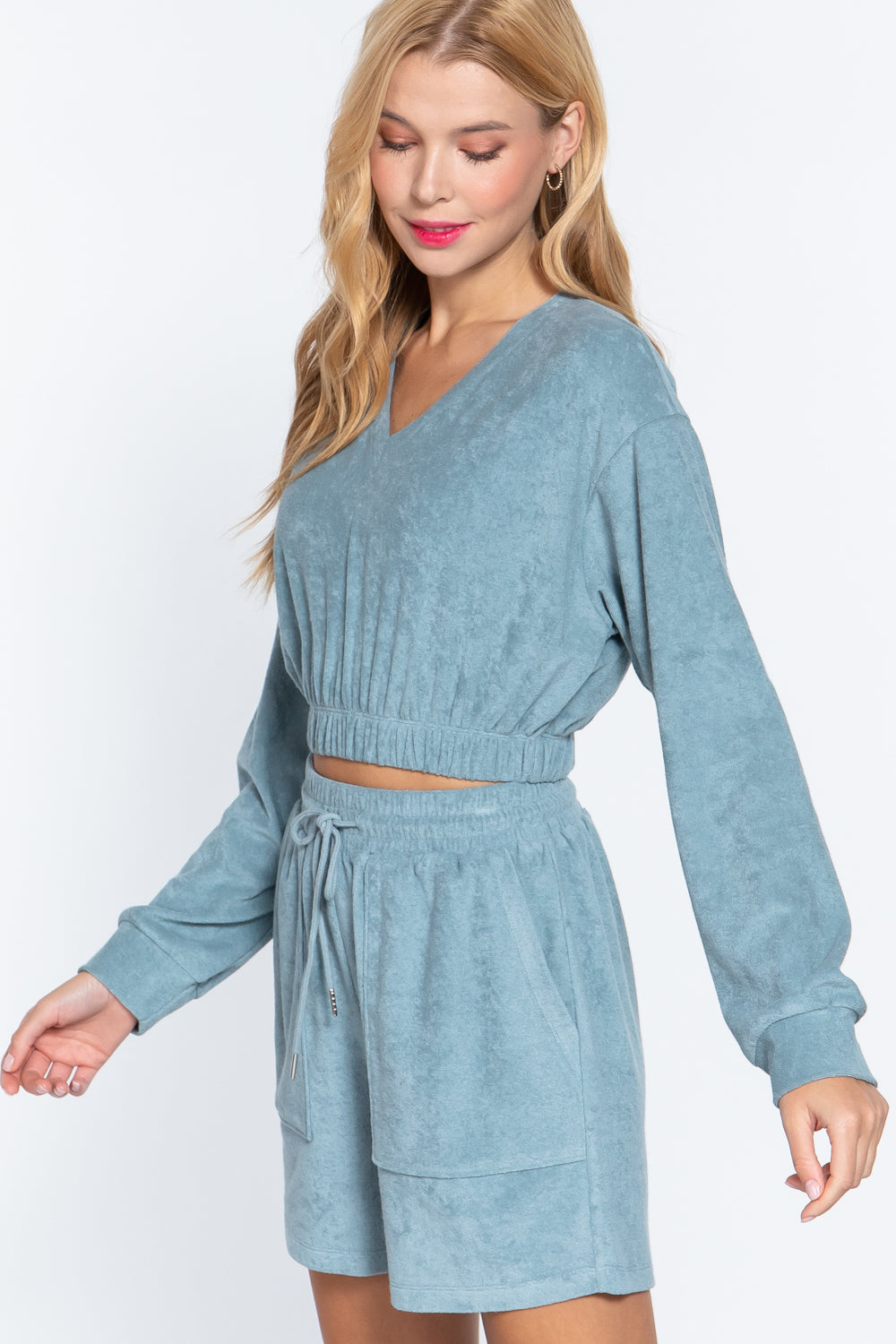 Women's Long Sleeve V-neck T Shirt Elasticized Hem Terry Towelling Knit Top