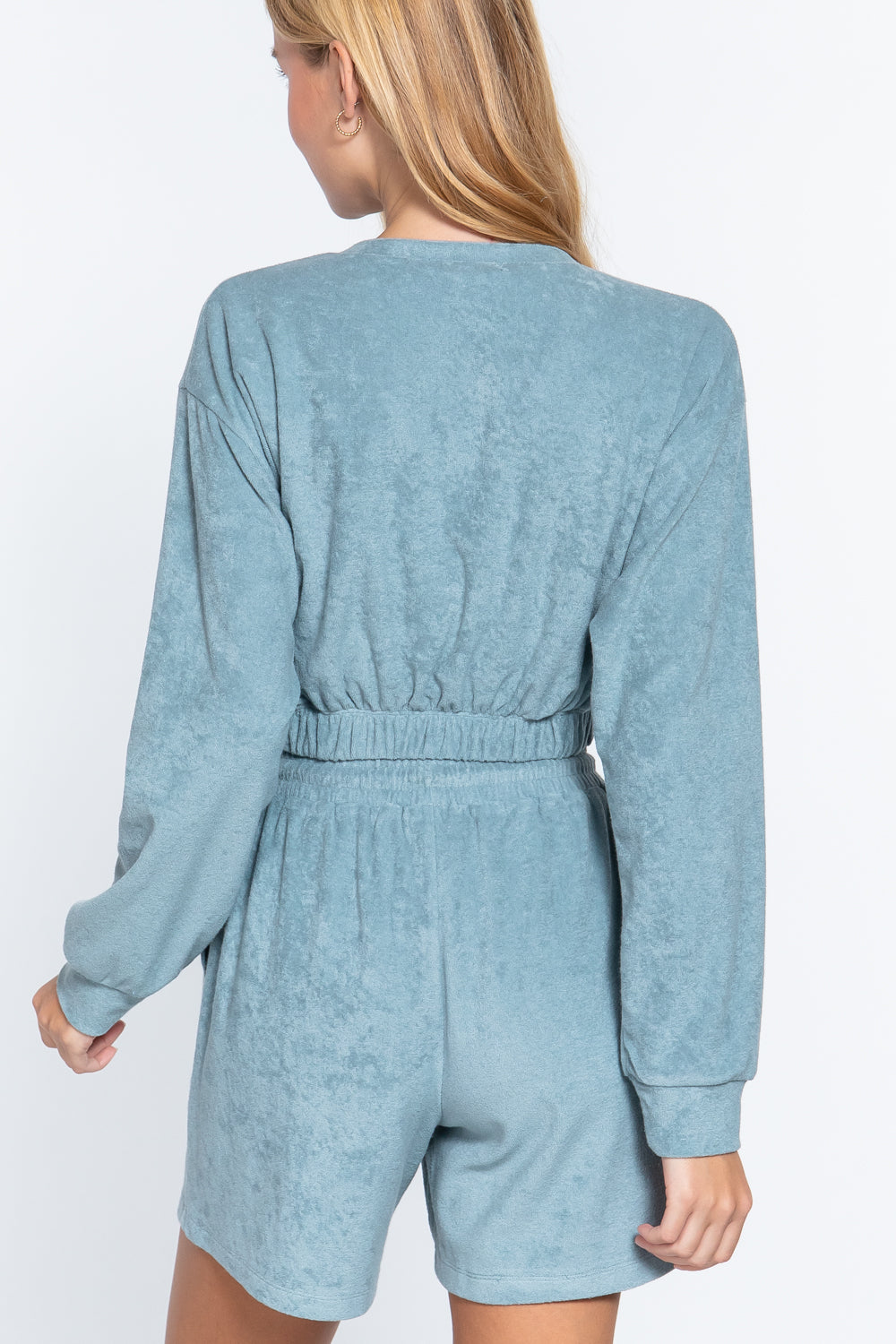 Women's Long Sleeve V-neck T Shirt Elasticized Hem Terry Towelling Knit Top