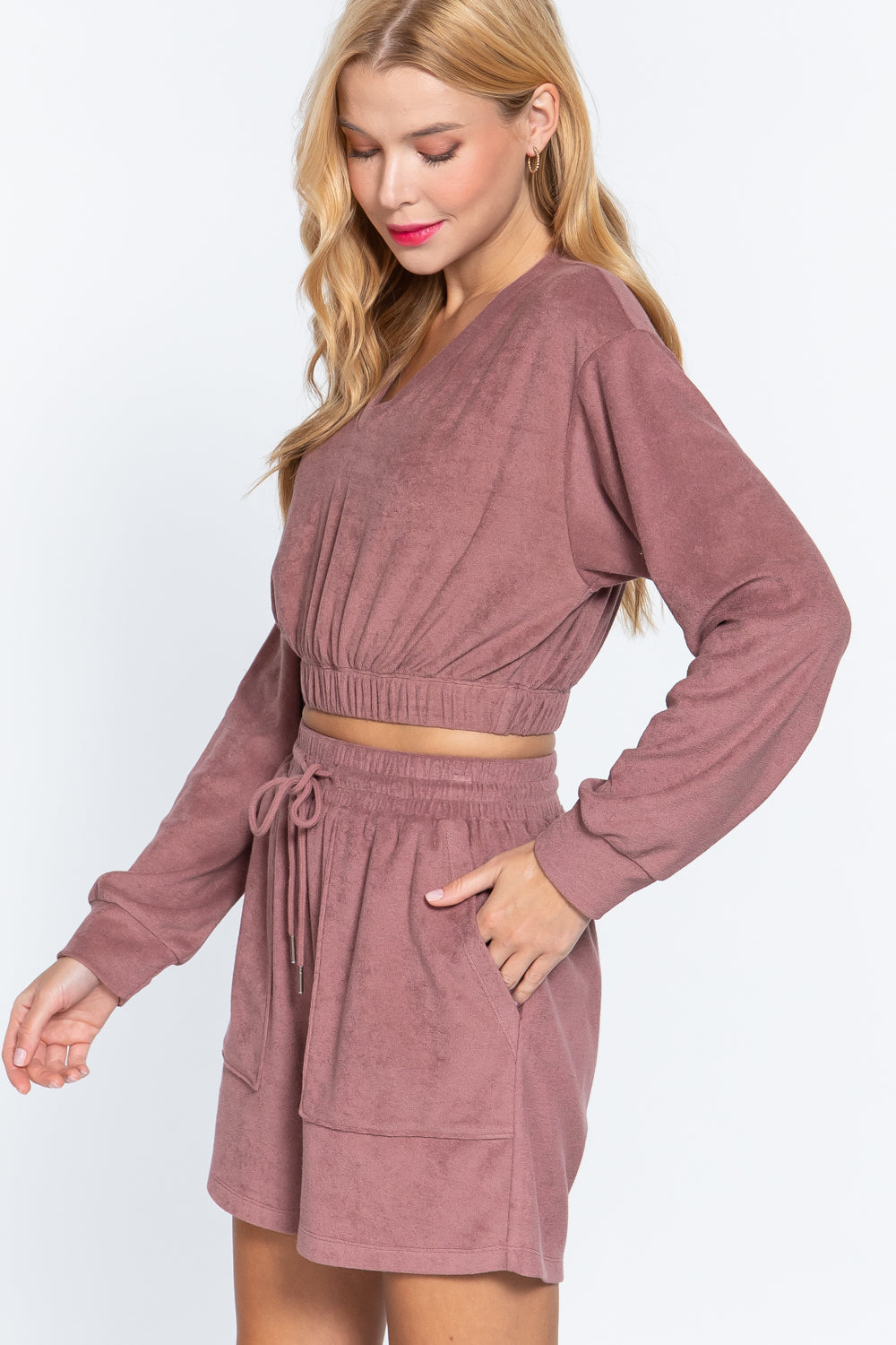 Women's Long Sleeve V-neck T Shirt Elasticized Hem Terry Towelling Knit Top