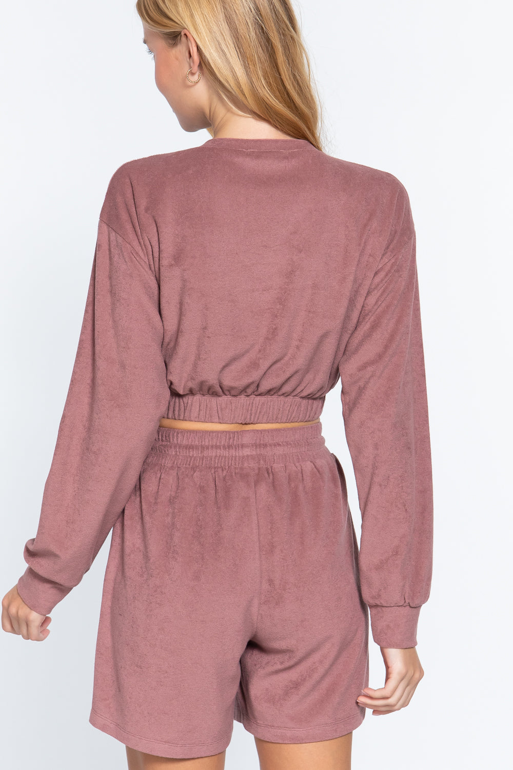 Women's Long Sleeve V-neck T Shirt Elasticized Hem Terry Towelling Knit Top