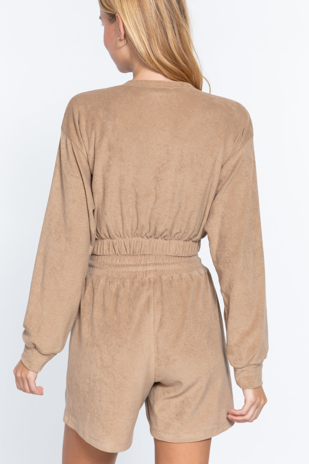 Women's Long Sleeve V-neck T Shirt Elasticized Hem Terry Towelling Knit Top