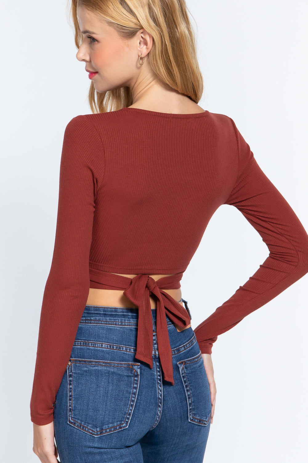 Women's Front Surplice Back Waist Tie Rib Knit Crop Top Long Sleeve V-Neck Shirt
