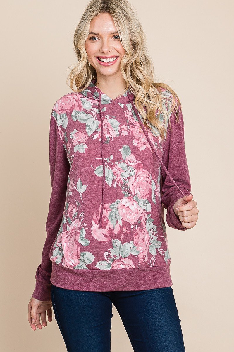 Women's Cozy Contrast Hoodie Sweatshirt Floral Printed Long Sleeve Cuff Casual