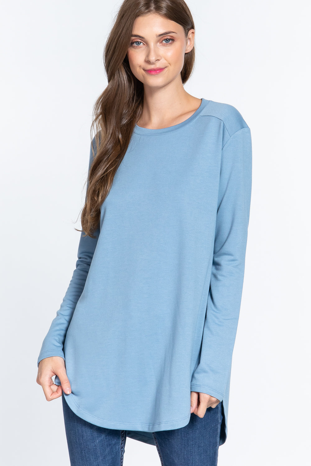 Women's French Terry Tunic Top Shirt Long Sleeve Side Slit Blouse Round Neck