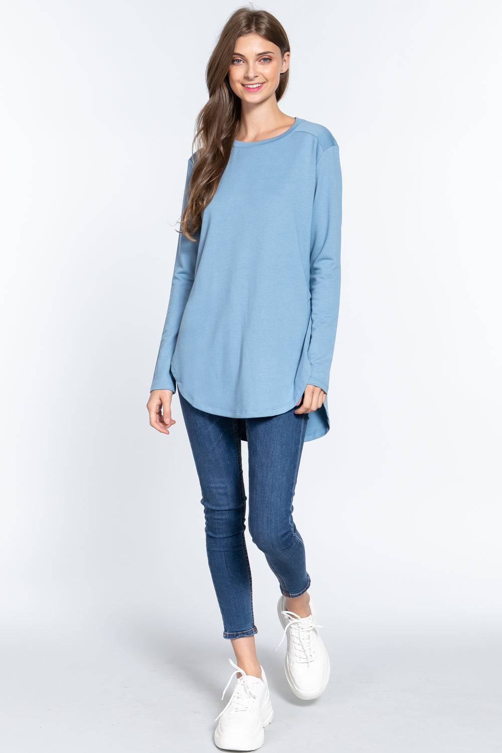 Women's French Terry Tunic Top Shirt Long Sleeve Side Slit Blouse Round Neck