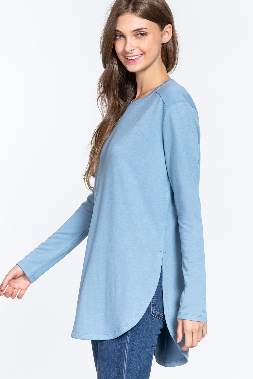 Women's French Terry Tunic Top Shirt Long Sleeve Side Slit Blouse Round Neck