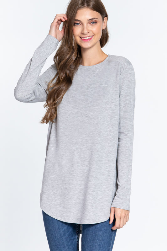 Women's French Terry Tunic Top Shirt Long Sleeve Side Slit Blouse Round Neck